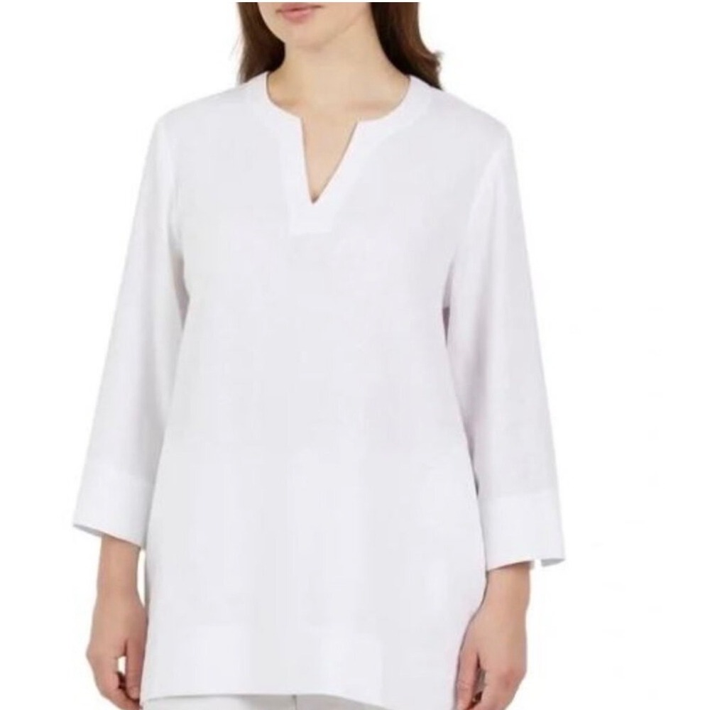 Lands' End Linen Blend Split Neck Tunic 3/4 Sleeve White Medium NWT